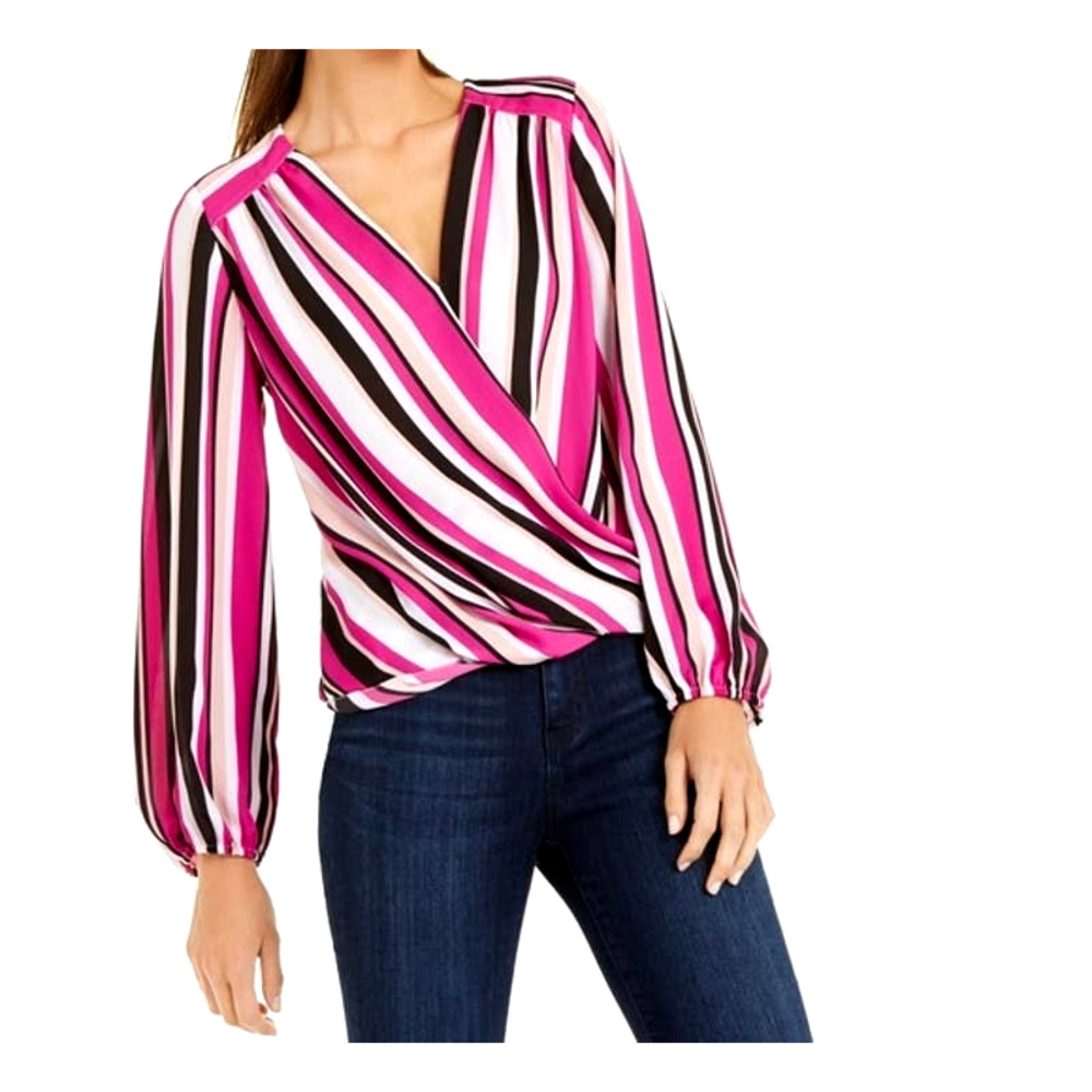 I.N.C. Women's Striped Surplice Long Sleeve Blouse, L